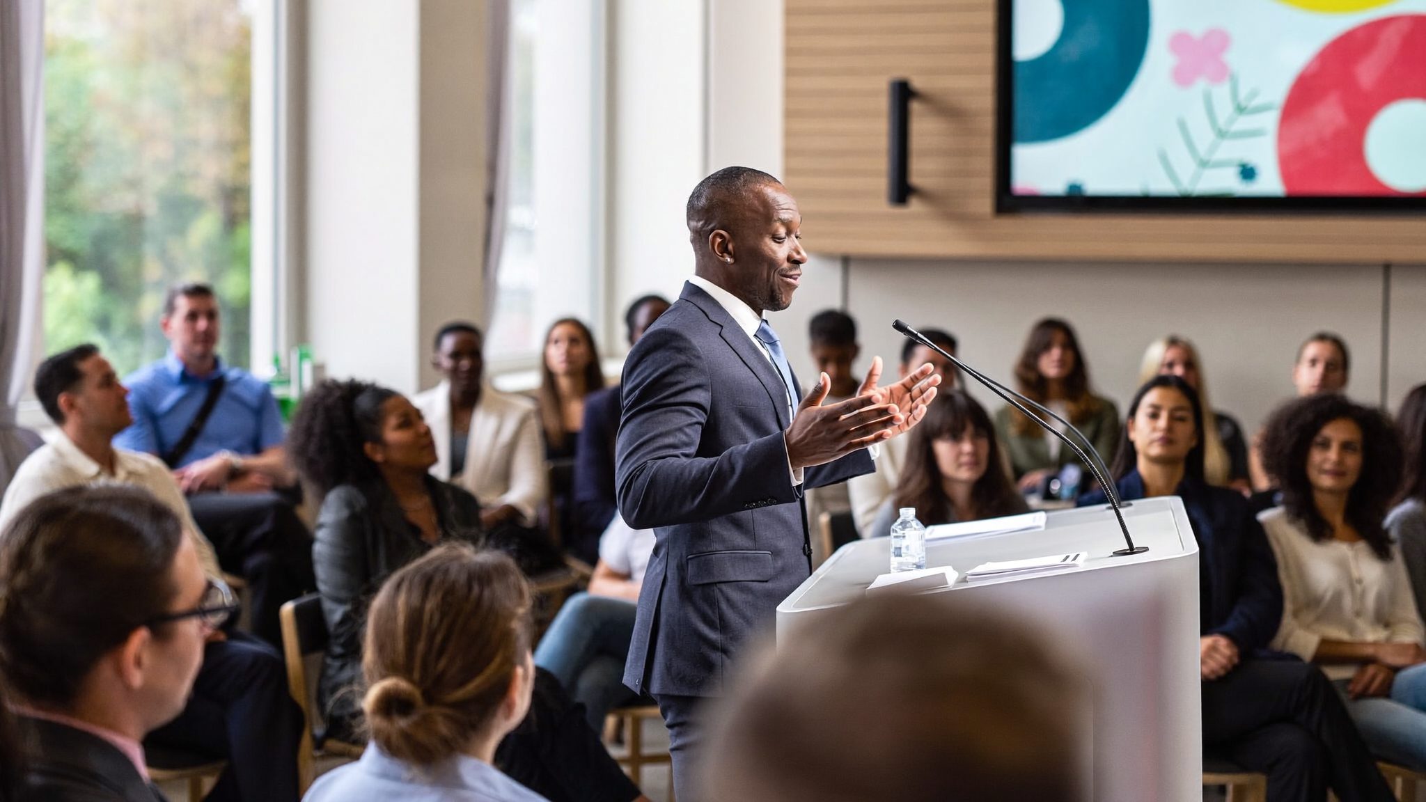 A speaker presenting to a seated audience at a community health education event.
