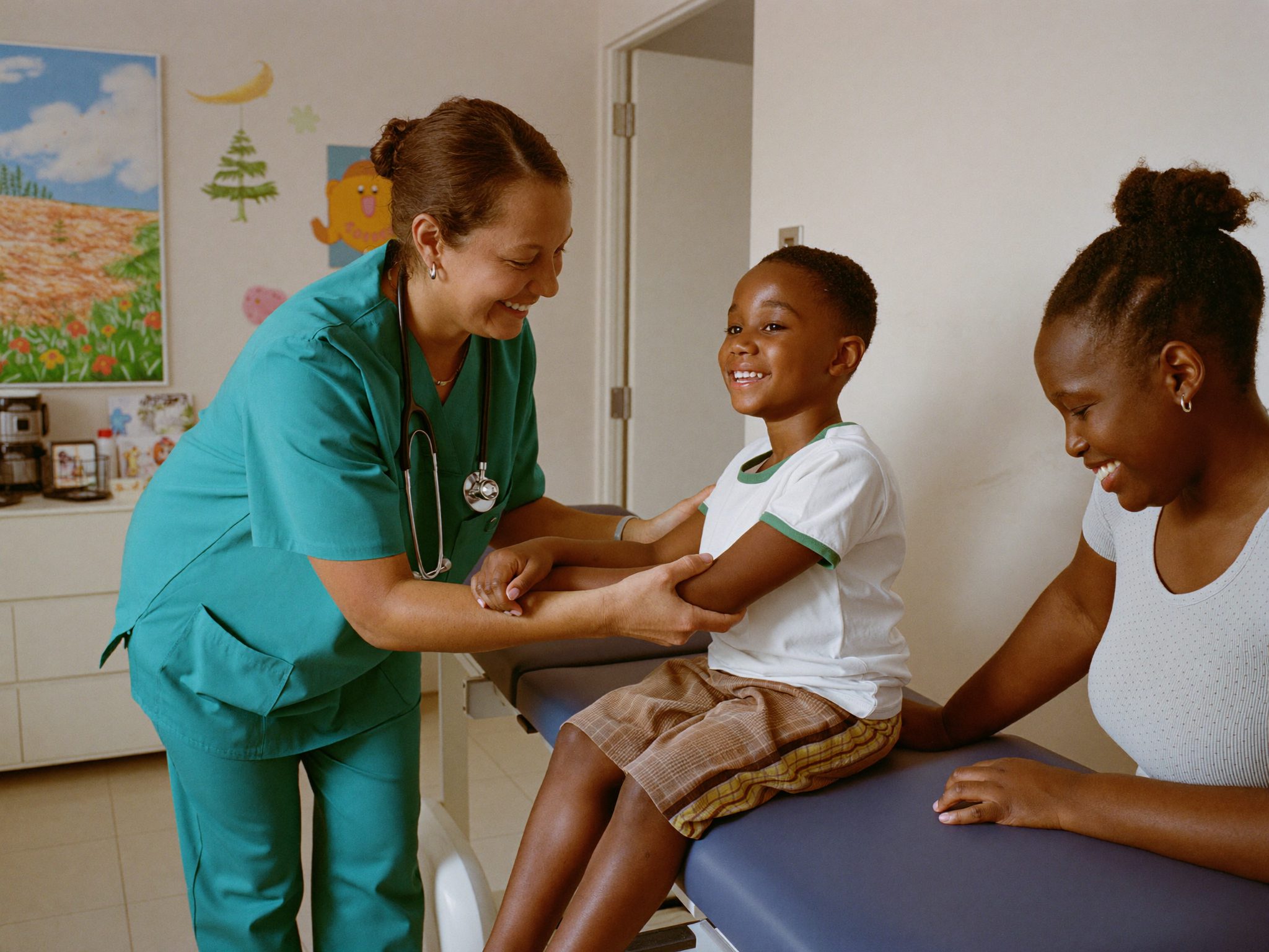 A nurse warmly checking on a young patient in a bright pediatric clinic room, with a parent smiling nearby.